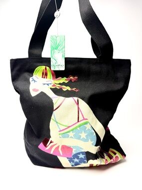 Custo Barcelona Black Canvas Graphic Tote Bag Colorful Art Print NWT